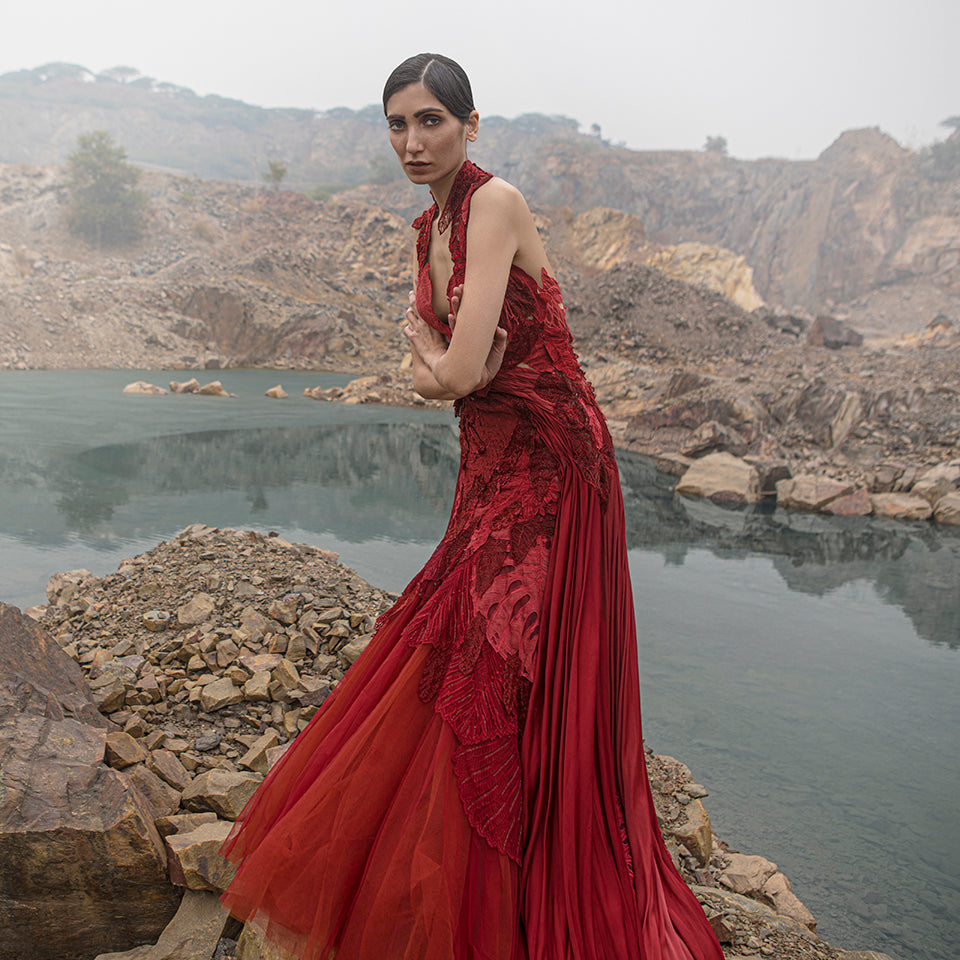 Embroidered Drape Highlighting Satin Trail