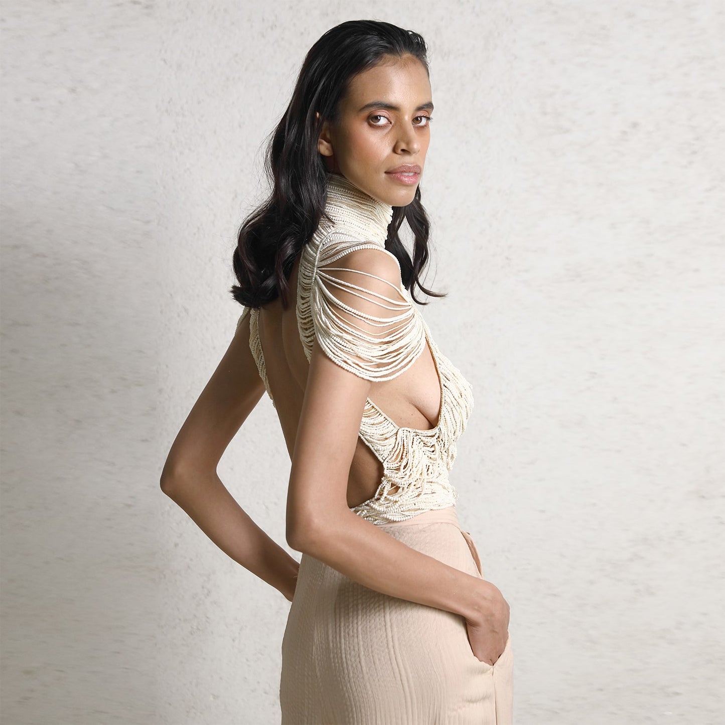 Draped pearl string top with high waisted pants