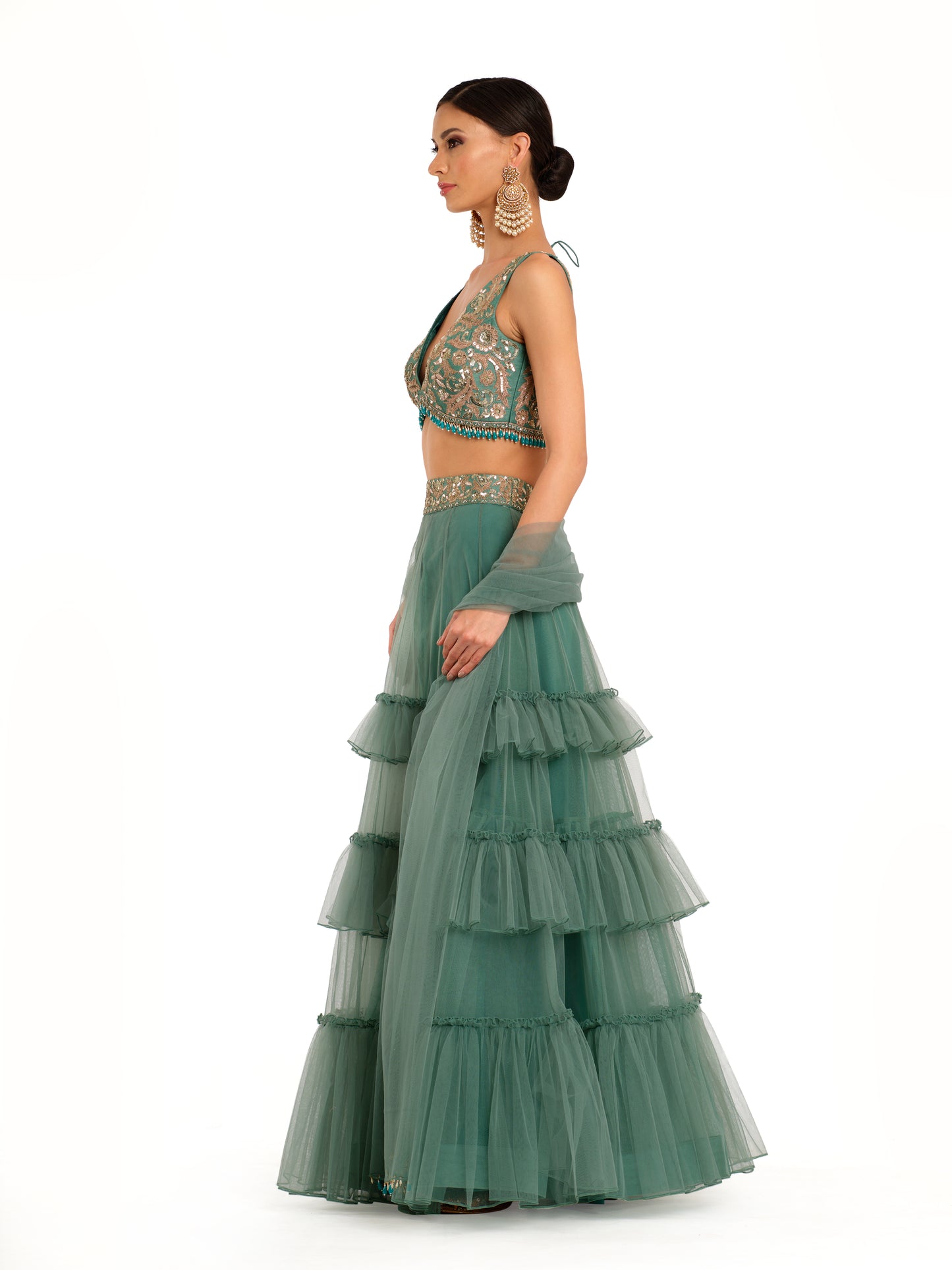 Emerald Tulle Lehenga with Embroidered Blouse