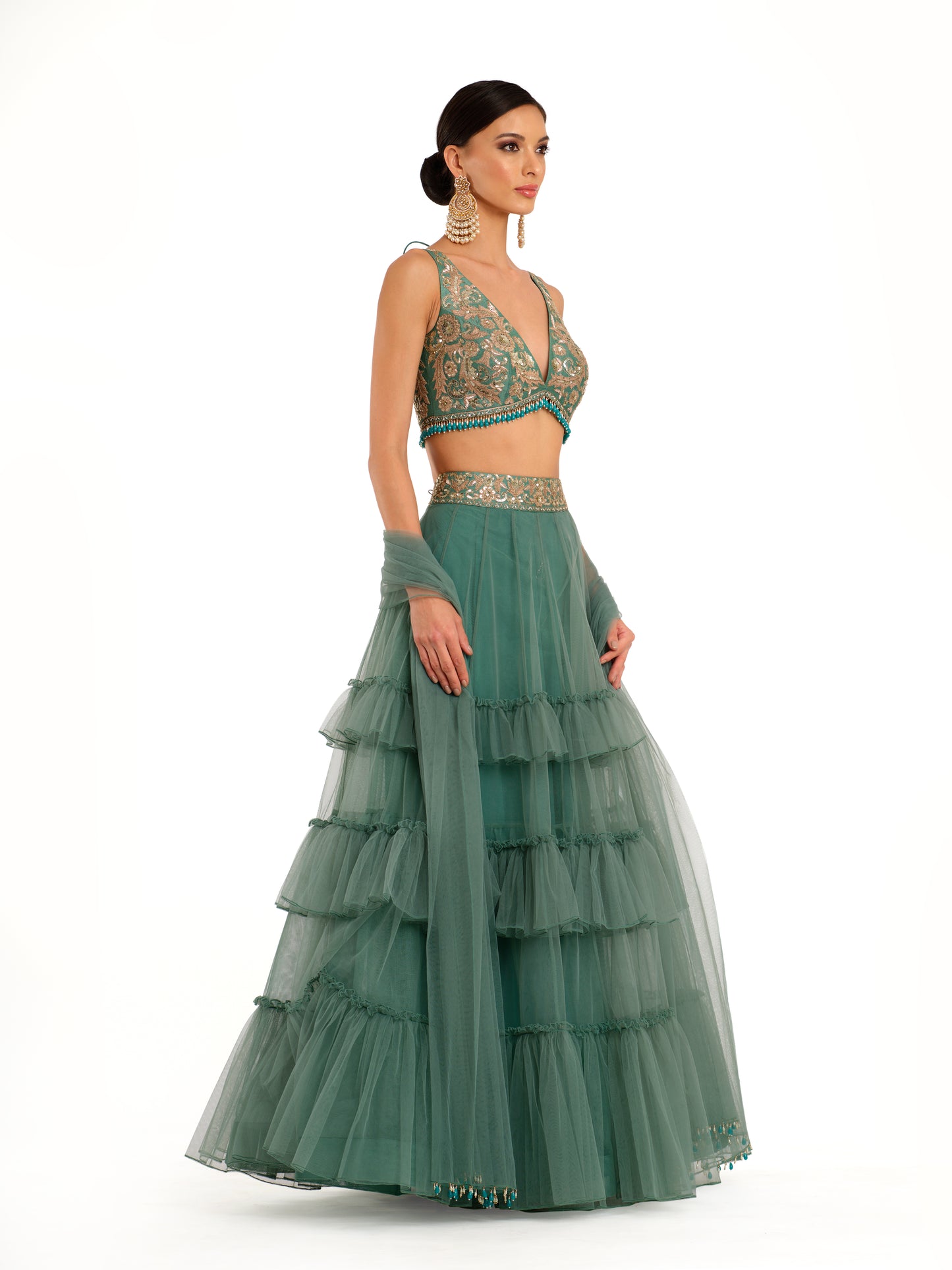 Emerald Tulle Lehenga with Embroidered Blouse