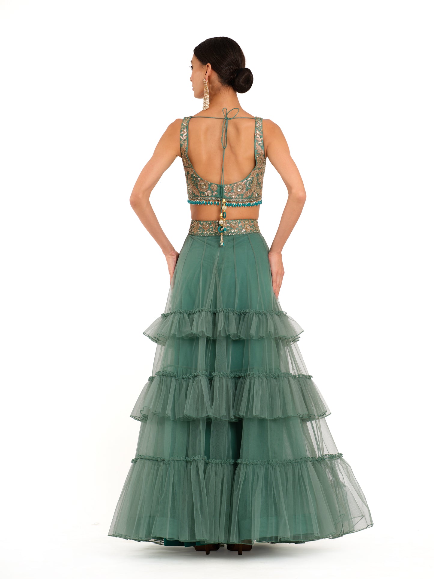 Emerald Tulle Lehenga with Embroidered Blouse