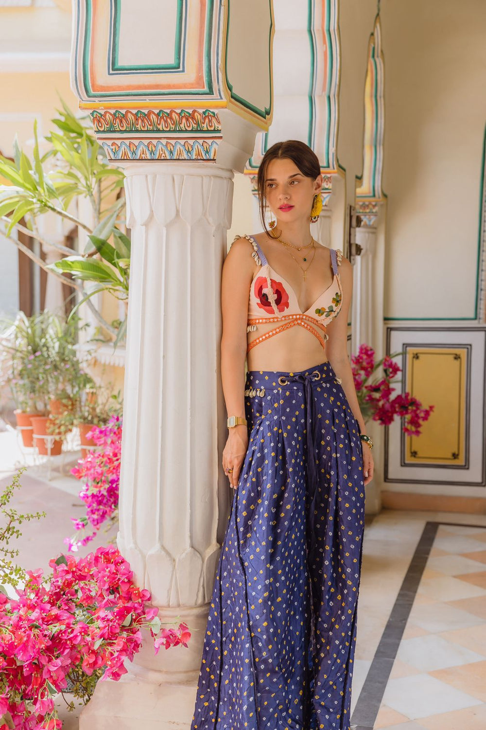 Navy Bandhini Trousers, A Red Flower, Shells