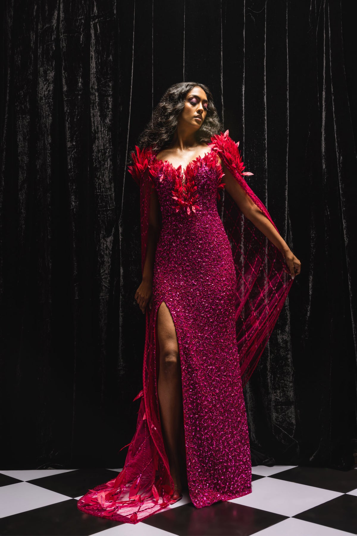 Wildberry Feather  cape gown