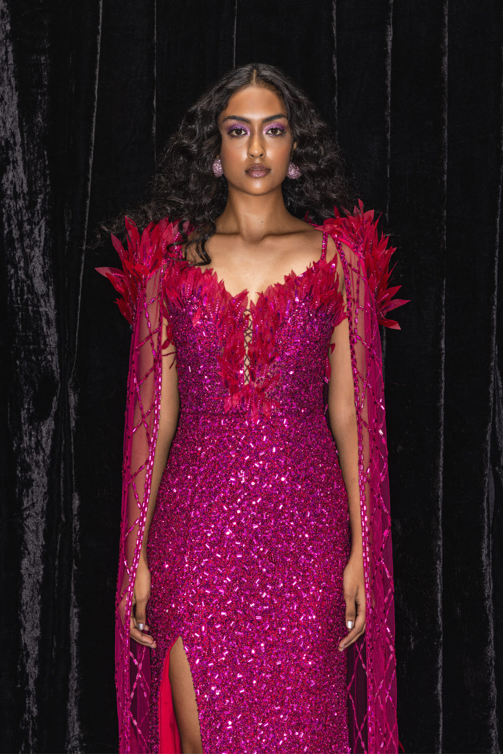 Wildberry Feather  cape gown