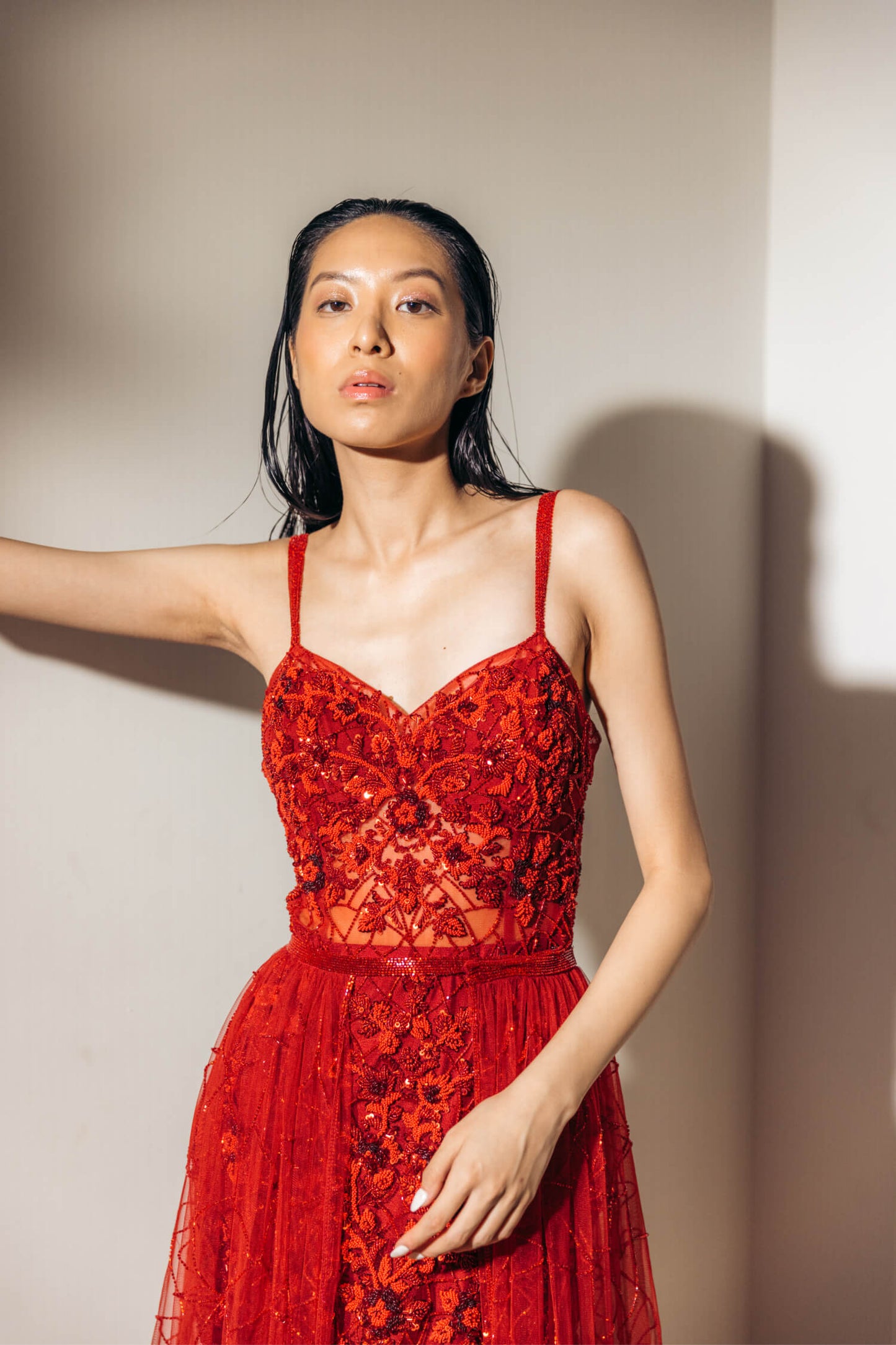 Red beaded gown