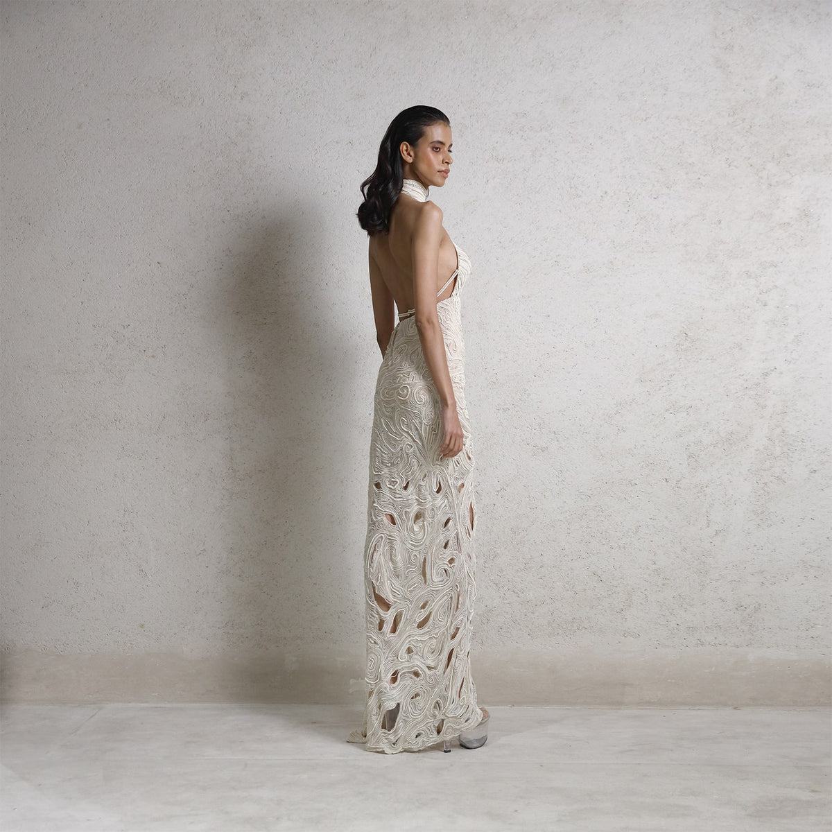 Draped pearl string red carpet gown