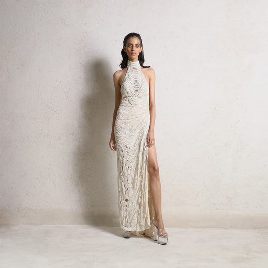 Draped pearl string red carpet gown