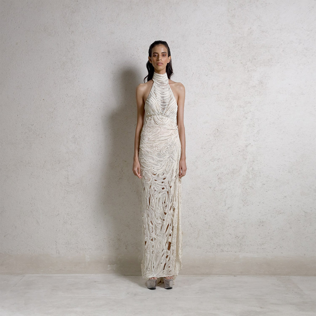 Draped pearl string red carpet gown