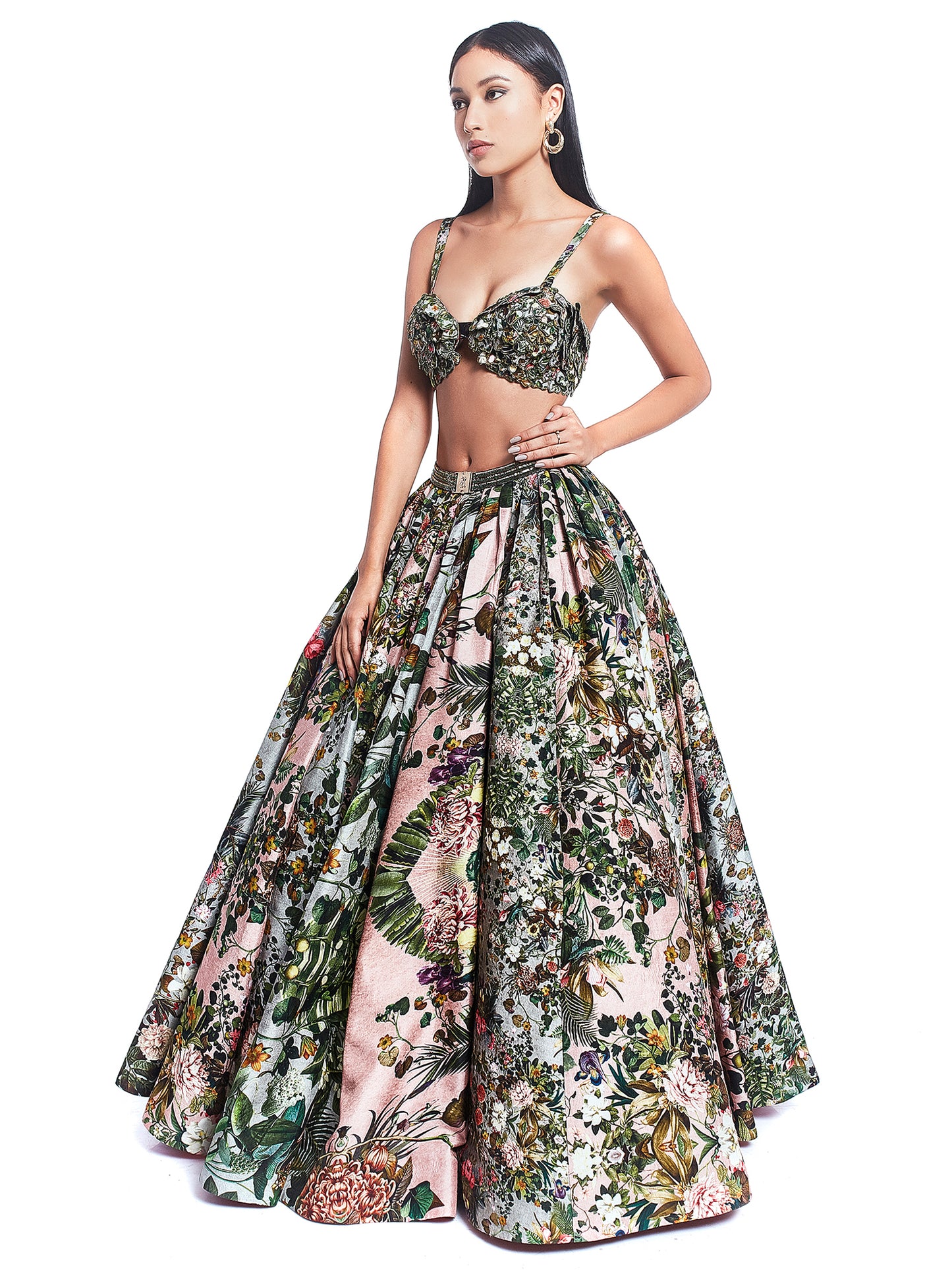 Printed Patchwork Bustier with Dual Coloured Godet Skirt