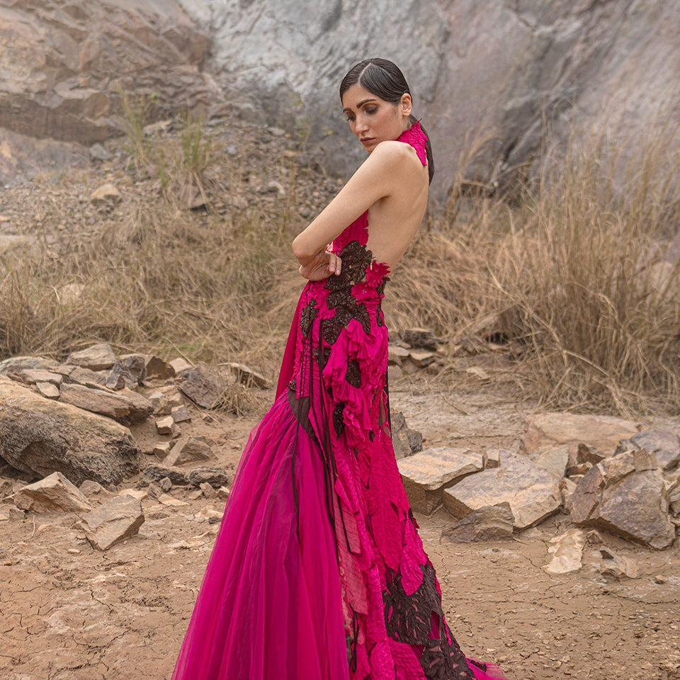 Tropical Sculpted Dress With See Through Bodice