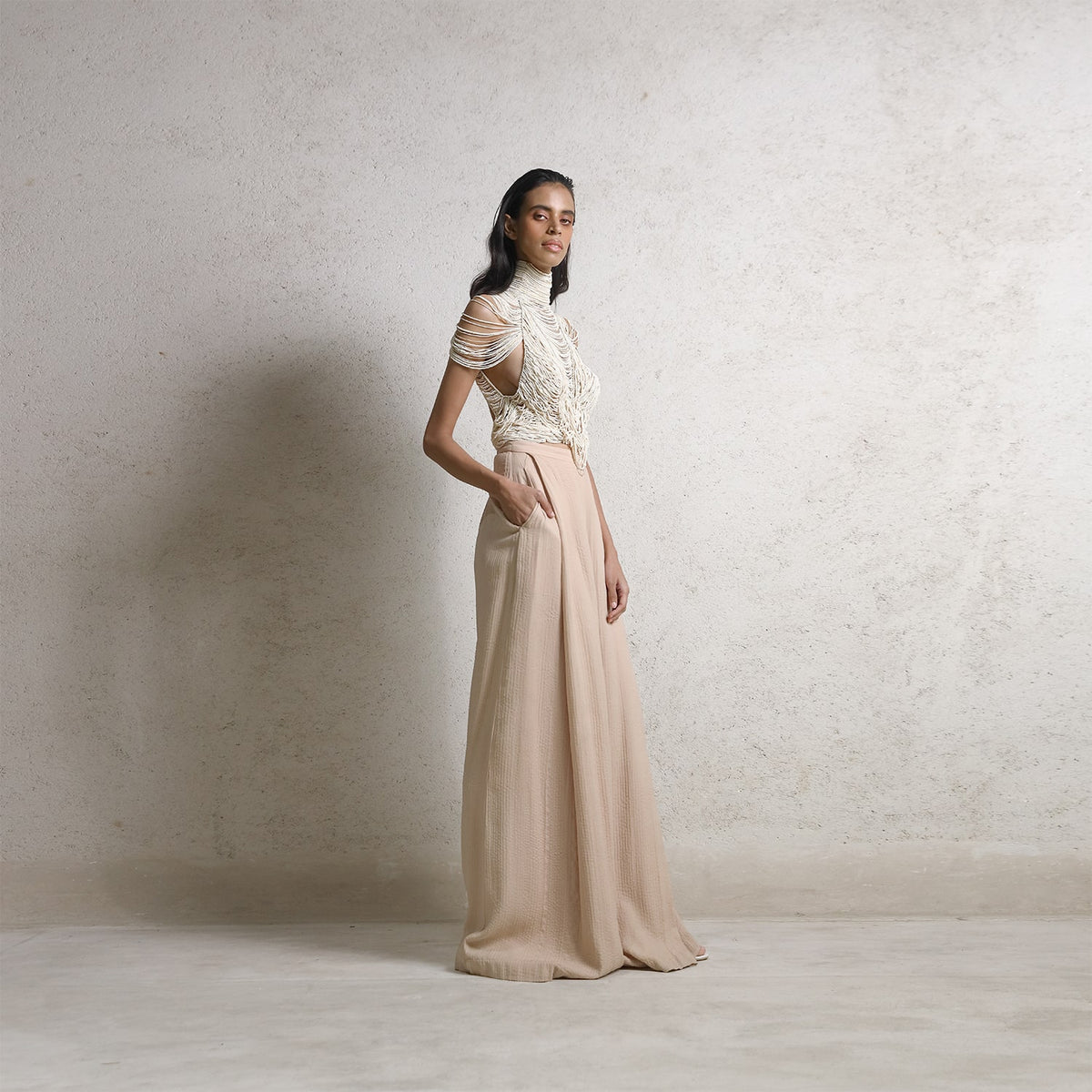 Draped pearl string top with high waisted pants