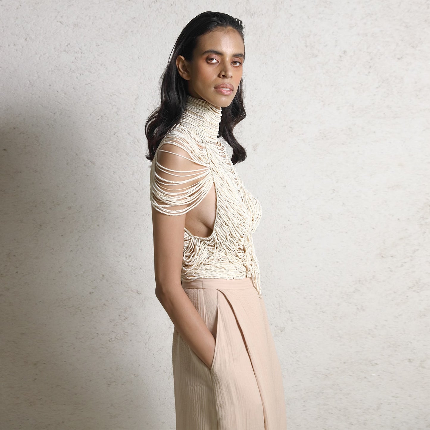 Draped pearl string top with high waisted pants