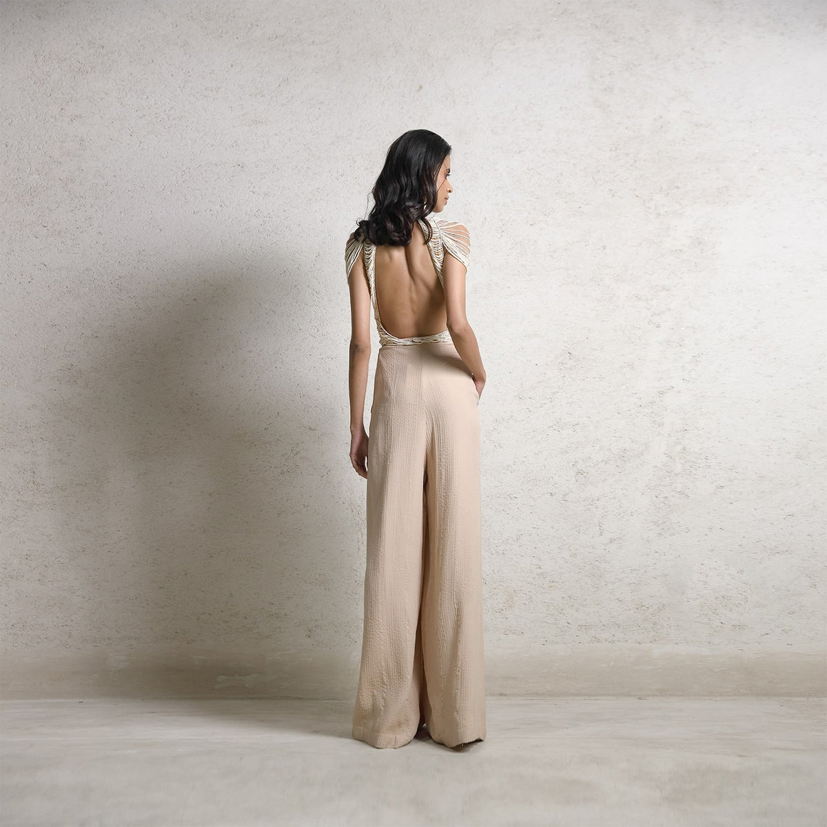 Draped pearl string top with high waisted pants