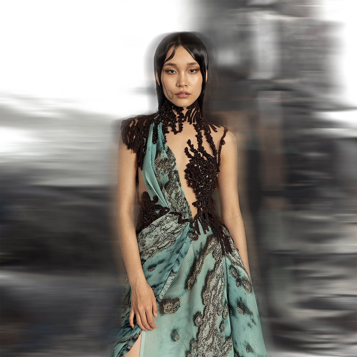 Reef Printed Textured Asymmetrical Draped Dress