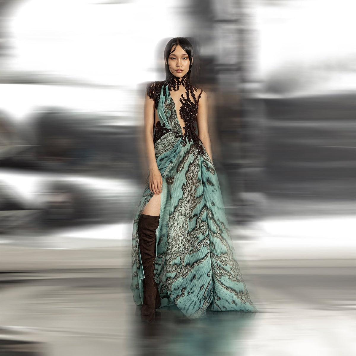 Reef Printed Textured Asymmetrical Draped Dress