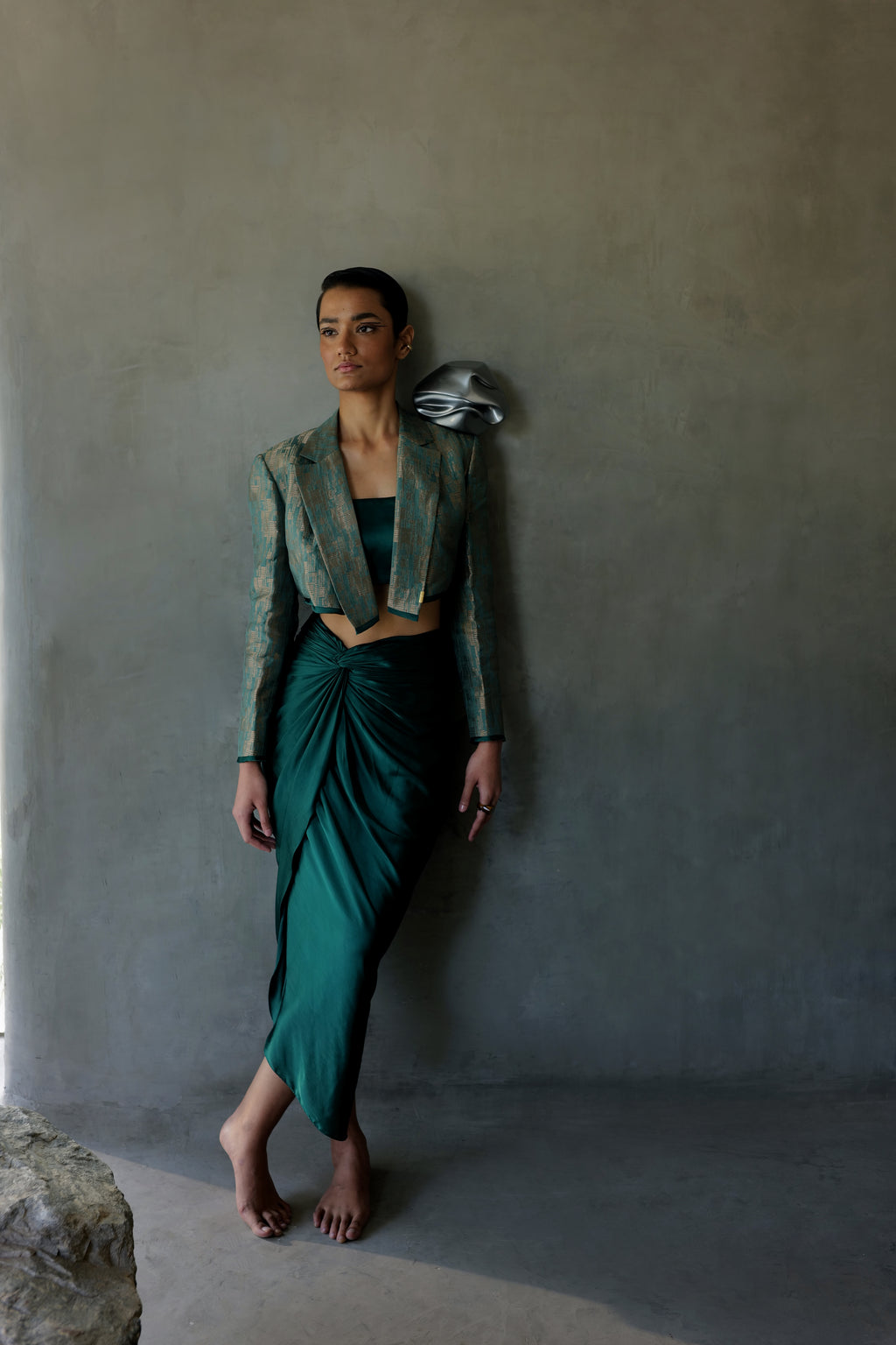 Emerald Cropped Blazer With Skirt