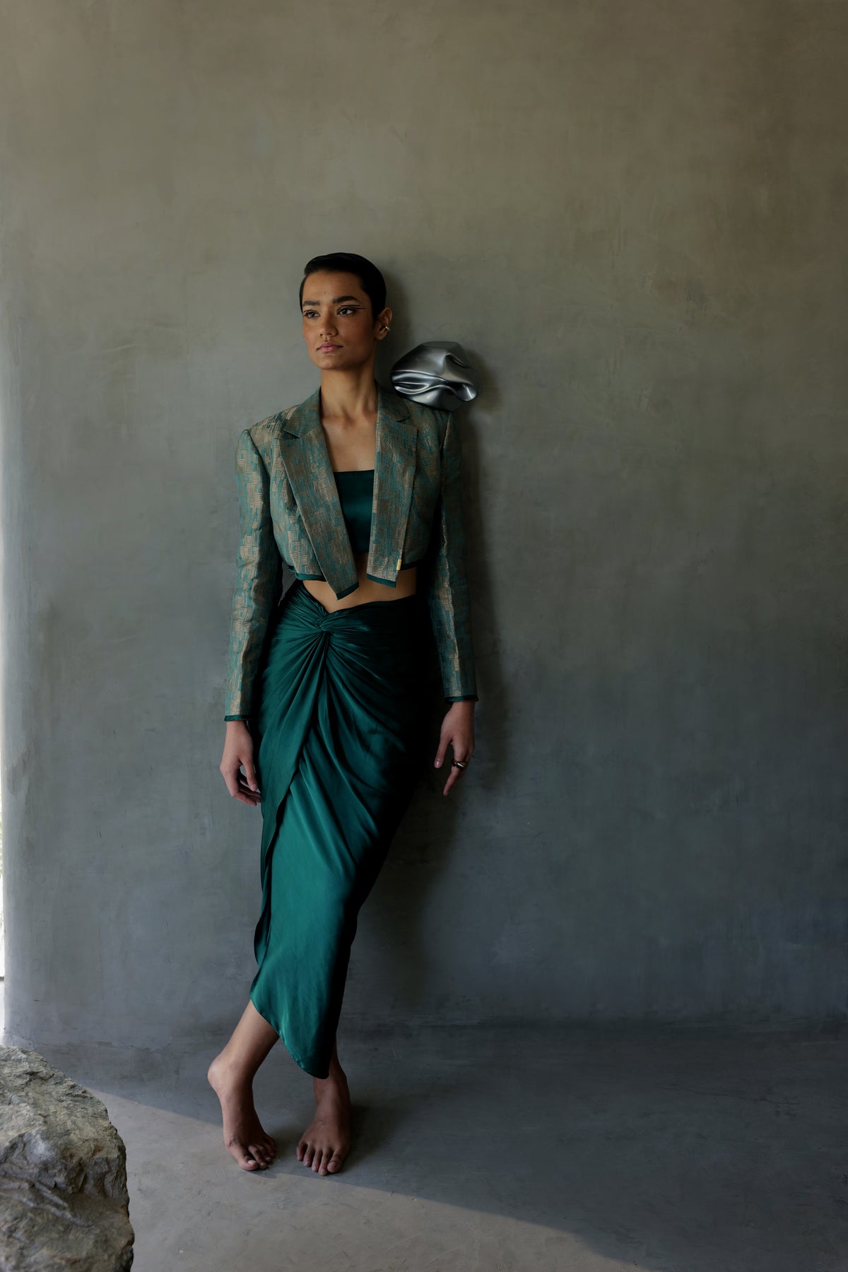 Emerald Cropped Blazer With Skirt