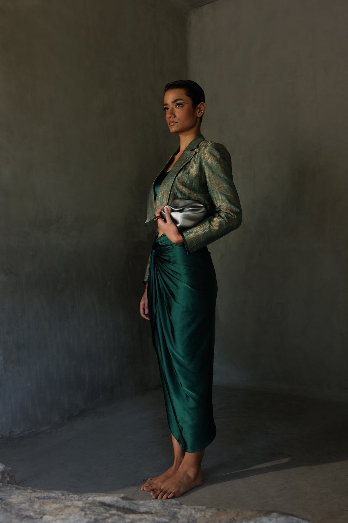 Emerald Cropped Blazer With Skirt