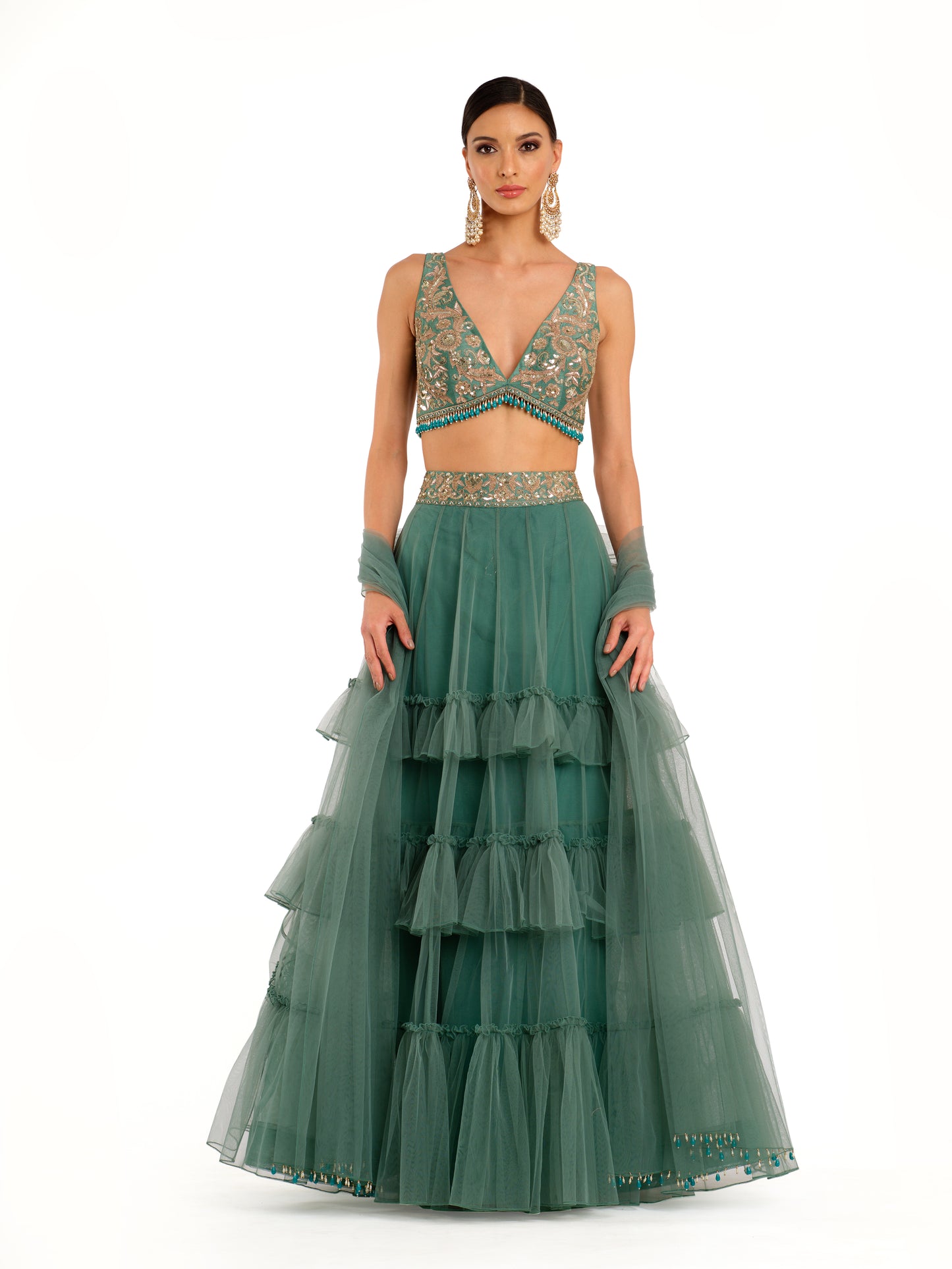 Emerald Tulle Lehenga with Embroidered Blouse