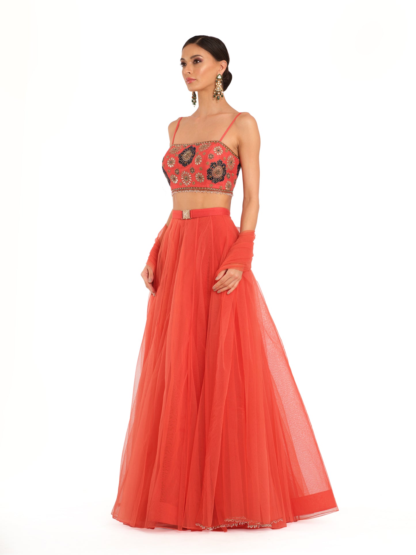 Red Tulle Lehenga with Embroidered Blouse