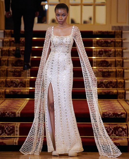 Beaded Ivory Cape Sleeve Gown