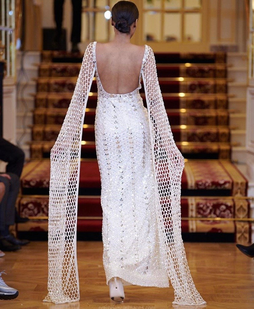 Beaded Ivory Cape Sleeve Gown