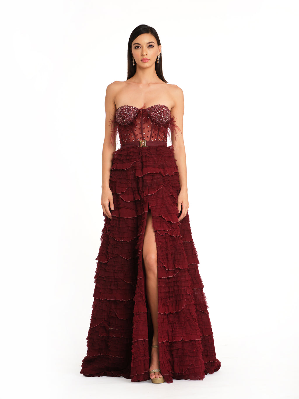 Burgundy Corset Gown with Frill Detailing