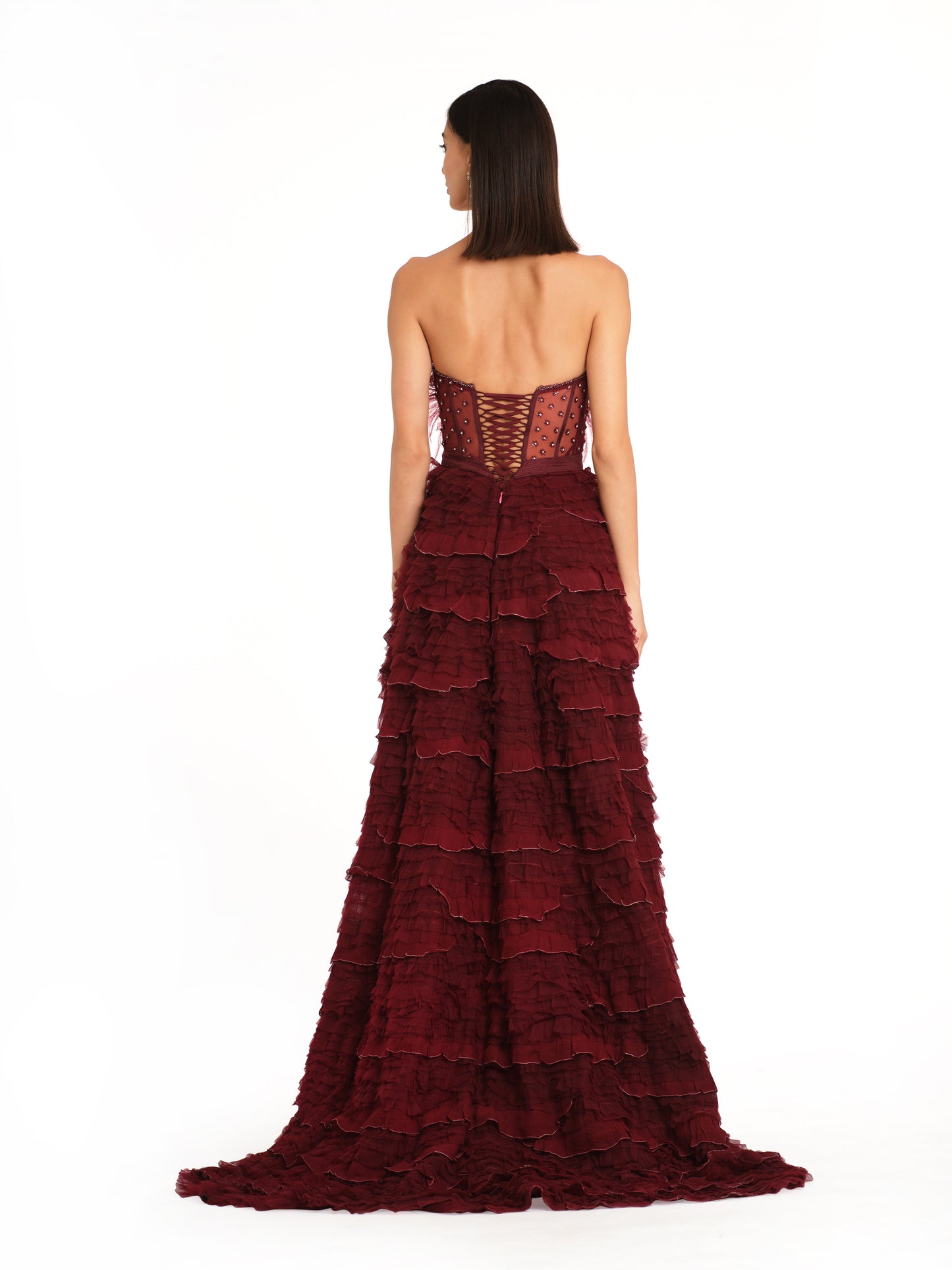 Burgundy Corset Gown with Frill Detailing