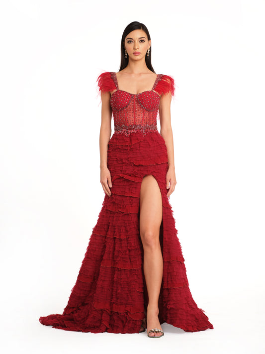 Corset Gown with Feather Detailing