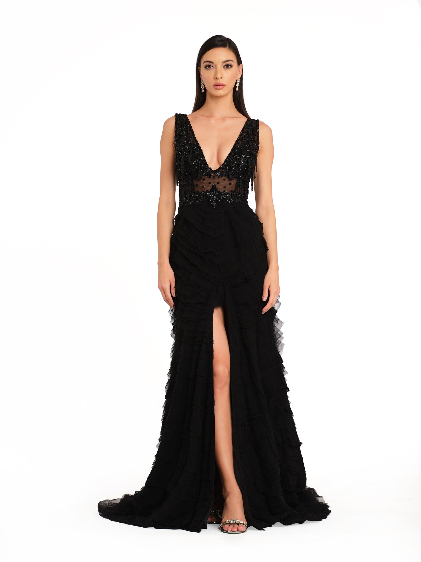 Embroidered Gown with Frill Detailing